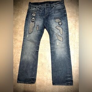 Affliction Men's Blue Vintage Patched Straight Jeans  Size 38